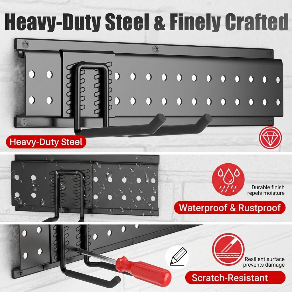 NorFractCrea Garage Tool Organizer Wall Mount 48 inches with 10 Adjustable Heavy-Duty Hooks, Garage Organization, Garden Tool Storage Rack, Yard, and Shed, Holds Up to 400 lbs