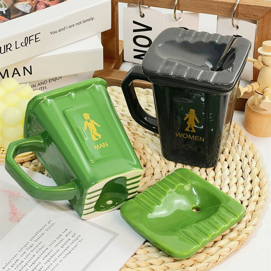 quatting Toilet Shape Ceramic Mug, Funny Squat Toilet Mug, Weird Coffee Cups, Novelty Toile-t Mugs with Lids, Novelty Bathroom Prank Drinking Cup